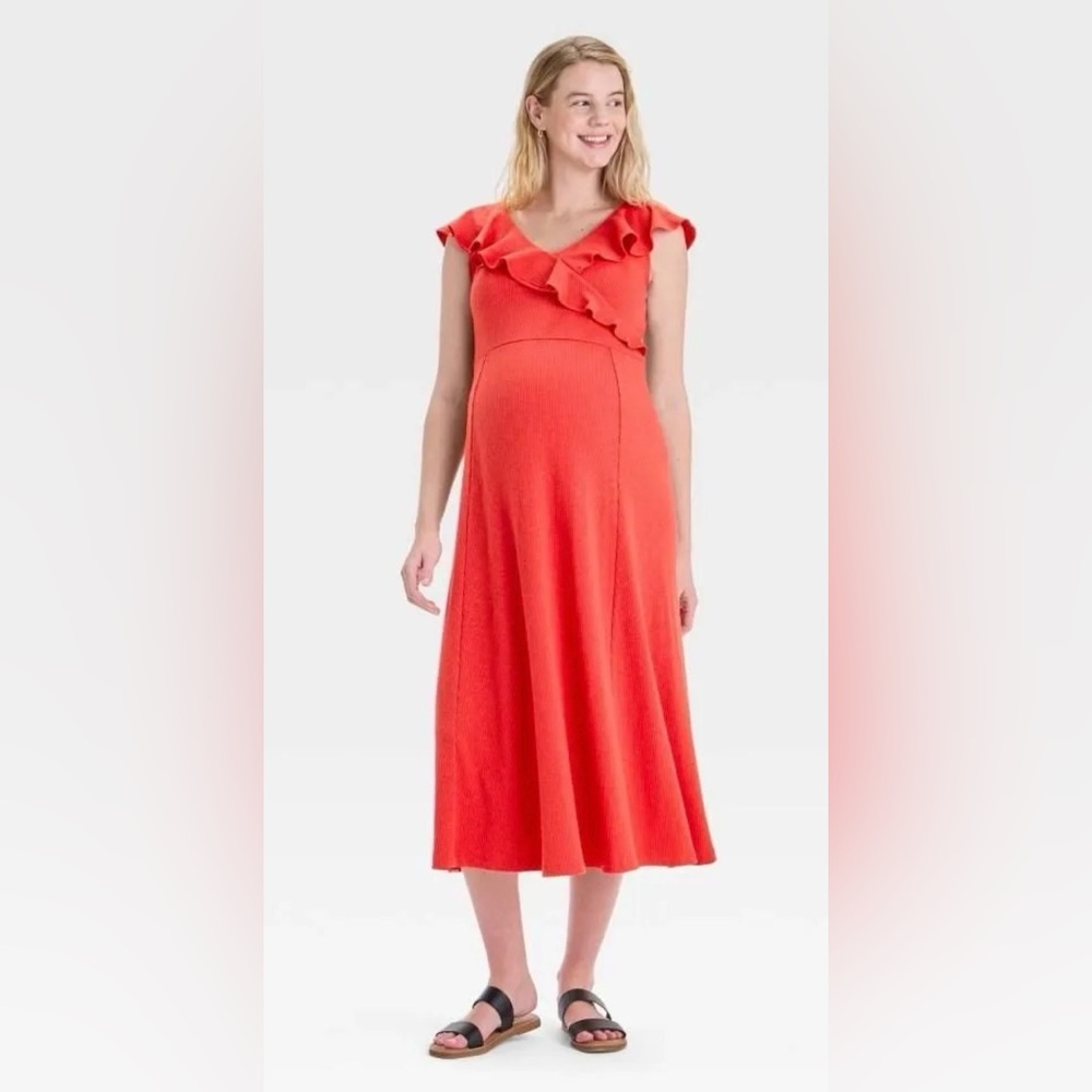 XXL Flutter Sleeve Knit MIDI Maternity Dress - Isabel : V Neck, Empire Waist
